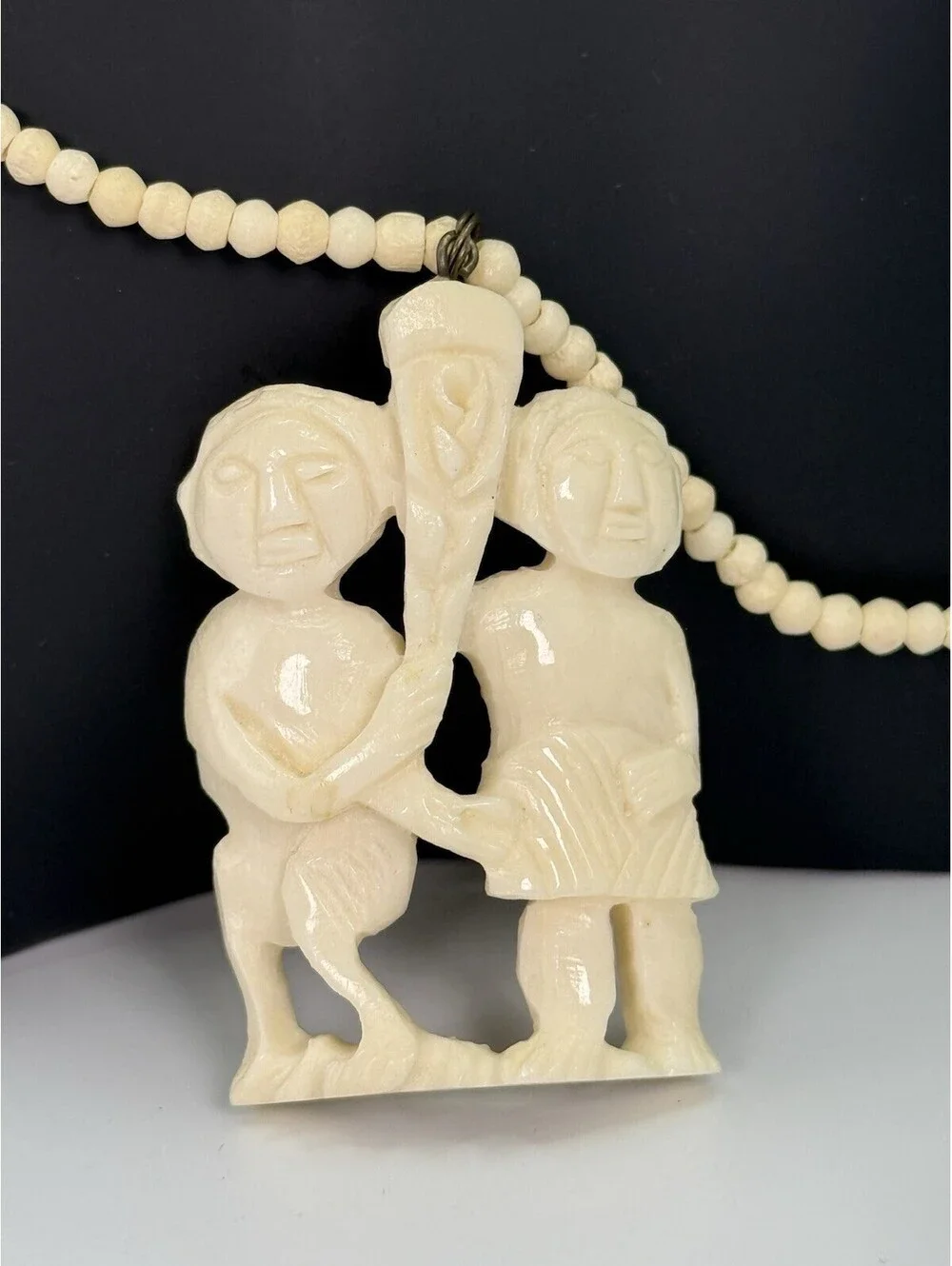 Vintage Hand Carved Tribal Figural Pendant Necklace Beaded Ethnic Folk Art